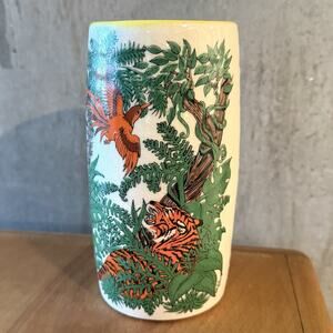 Kay Mallek Jungle Pledge Dance 1984 Ceramic Pottery Cup or Vase 6" Tiger Monkey